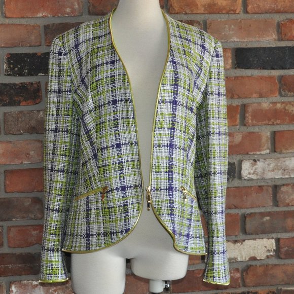 ESCADA WOVEN Tweed Silk Cotton Purple Lime Green Gold Zip-up Jacket Coat 38 - Picture 7 of 8